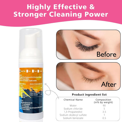 Buqikma Lash Shampoo for Lash Extensions, Mini Lash Fan 2.11Floz Rich Foam Eyelash Shampoo 50 Pcs Eyelash Brush and Rinse Bottle for Eyelash Wash Remover Lash Extension Cleanser for Home Use (Black)