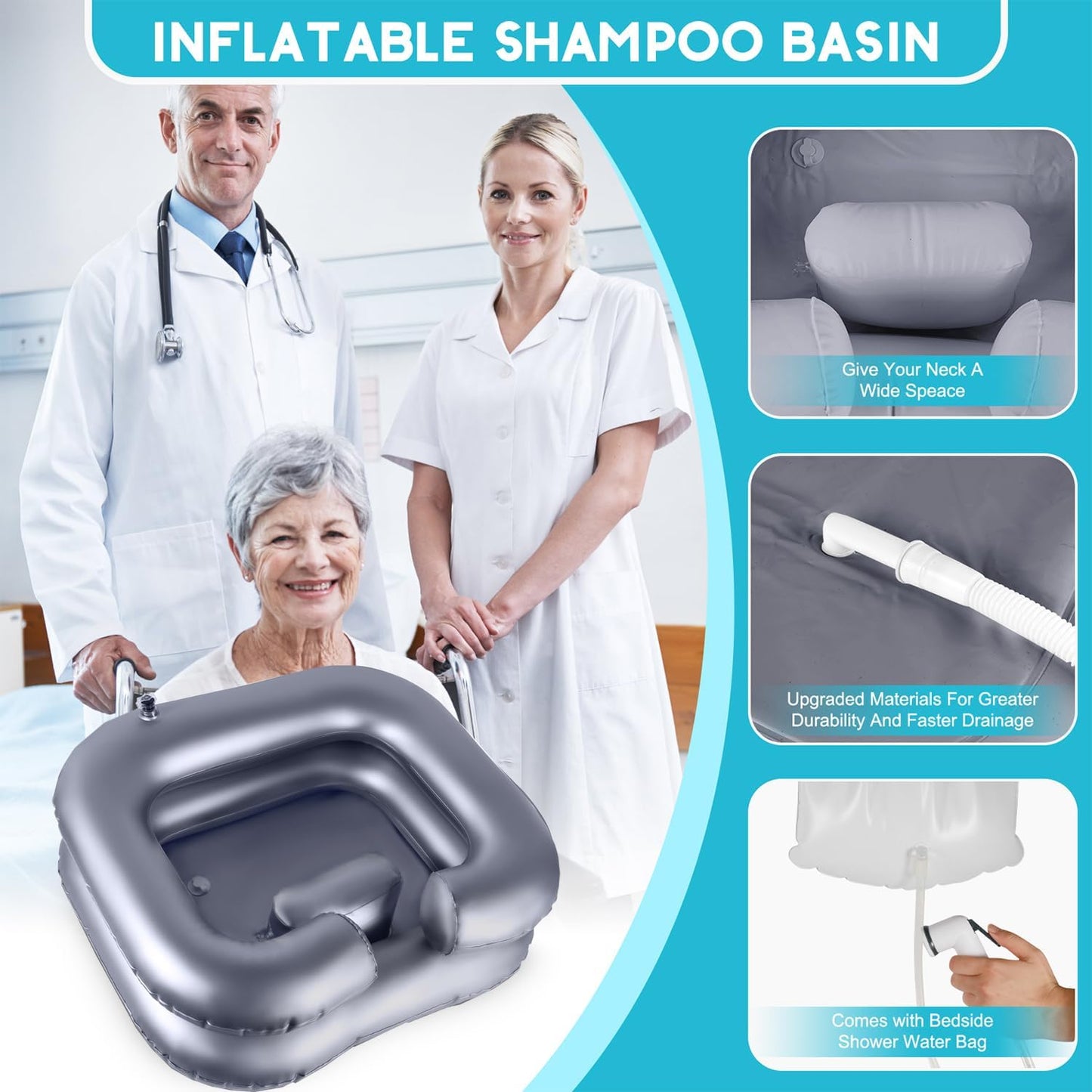 Inflatable Shampoo Basin, Loc Detox Tub for Dreads, Shampoo Buddy Bowl for Bedridden, Disabled,Injured with 2.5 GL Portable Water Shower Bag（Silvery）