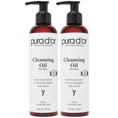 PURA D'OR Facial Cleansing Oil (8 Oz x2 = 16 Oz) Nourishing Botanical Blend with & Vitamin, Jojoba and Sunflower Oil - Gentle Makeup Remover & Deep Cleanser For Healthy, Glowing Skin - Paraben-Free