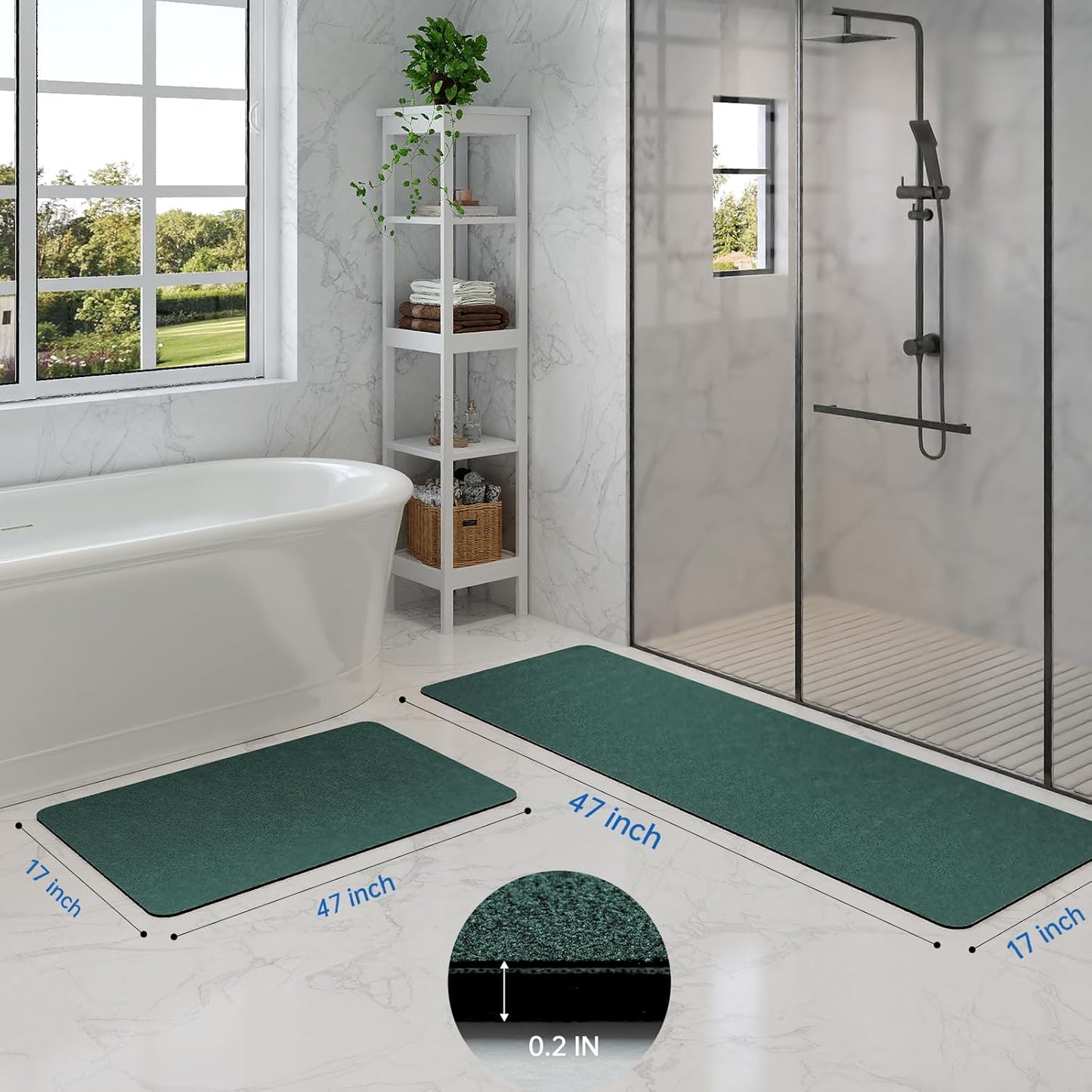 Bathroom Rugs Sets 2 Piece - Quick Dry Super Absorbent Bath Mat for Bathroom Diatomaceous Earth Bathroom Rugs with Rubber Backing Non-Slip Bath Mat Rugs for Shower Floor, 47x17 + 24x17, Dark Green