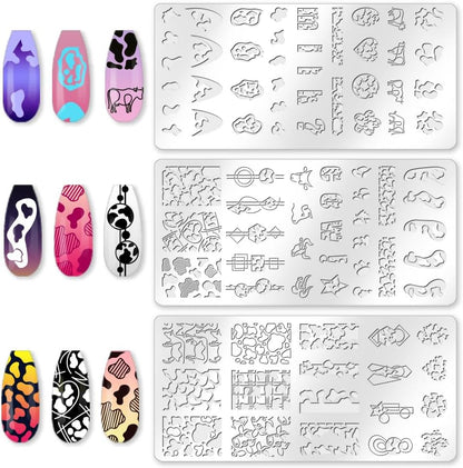 3Pcs Cute Cow Nail Stamping Plate Set Graffiti Spots Animal Heart ShapedStainless Steel Nail Templates Clear Silicone Nails Stamping with Stamper Scraper for Manicure Printing