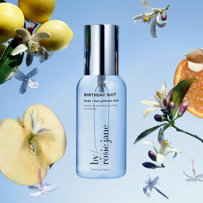 By Rosie Jane Body & Hair Perfume Mist (Birthday Suit) - Clean Hair & Body Mist for Women - With Notes of Tangerine Water, Sweet Apply & Lemon Blossom (115ml)
