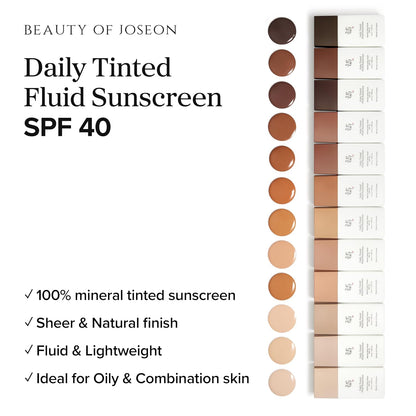 Beauty of Joseon Daily Tinted Fluid Sunscreen 12 Shades for Face Moisturizing Broad Spectrum SPF 40 Korean Skincare 50ml, 1.69 fl.oz #MN230
