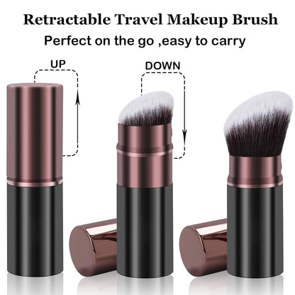 Retractable Kabuki Makeup Brush, 2 Pack Travel Powder Foundation Makeup Brush Face Blush Brushes for Blending Liquid, Blush, Bronzer, Buffing, Sunscreen,Flawless Cosmetics