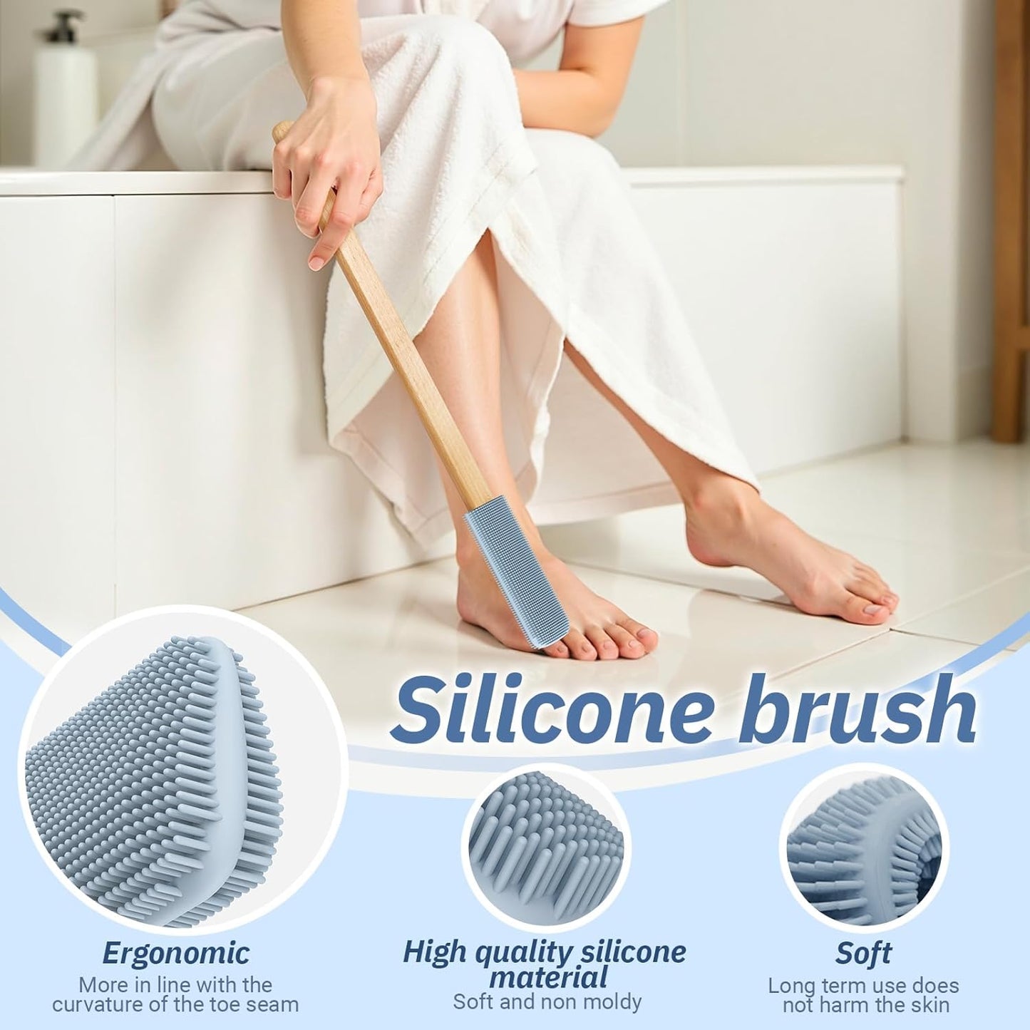 Long Handle Toe Gap Cleaning Brush+Body Shower Brush+Foot Grinder, Silicone Foot Scrubber for Shower, Feet Cleaner Scrub Foot Care for Seniors,Elderly, Men and Women,Grey