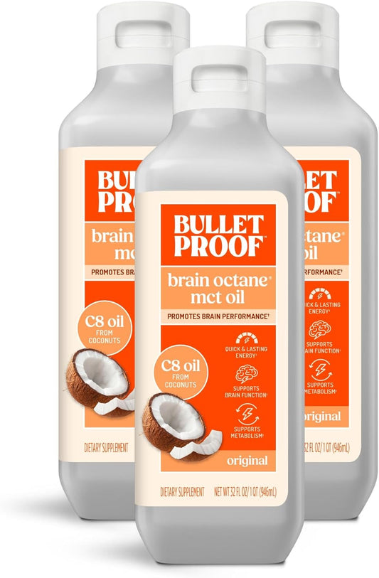 Bulletproof Brain Octane C8 MCT Oil, 32 Ounces (Pack of 3), Keto Supplement for Sustained Energy and Craving Support