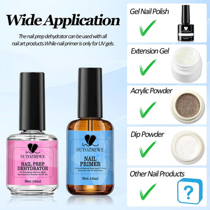 15 ml Nail Dehydrator and Primer Set, Acid Free Natural Prep Dehydrate & Bond Primer, Professional Nail Prep Kit for Acrylic Nails Gel Polish Manicure Nails Supplies Fast Dry