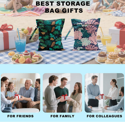 2Pcs Palm Leaves Wet Bag 12x10 Inch, Plants Waterproof Reusable Wet Dry Bag, Tropical Washable Travel Laundry Bags for Swimsuit Beach Diapers Dirty Yoga Gym Clothes, Plants Gifts for Women Friend