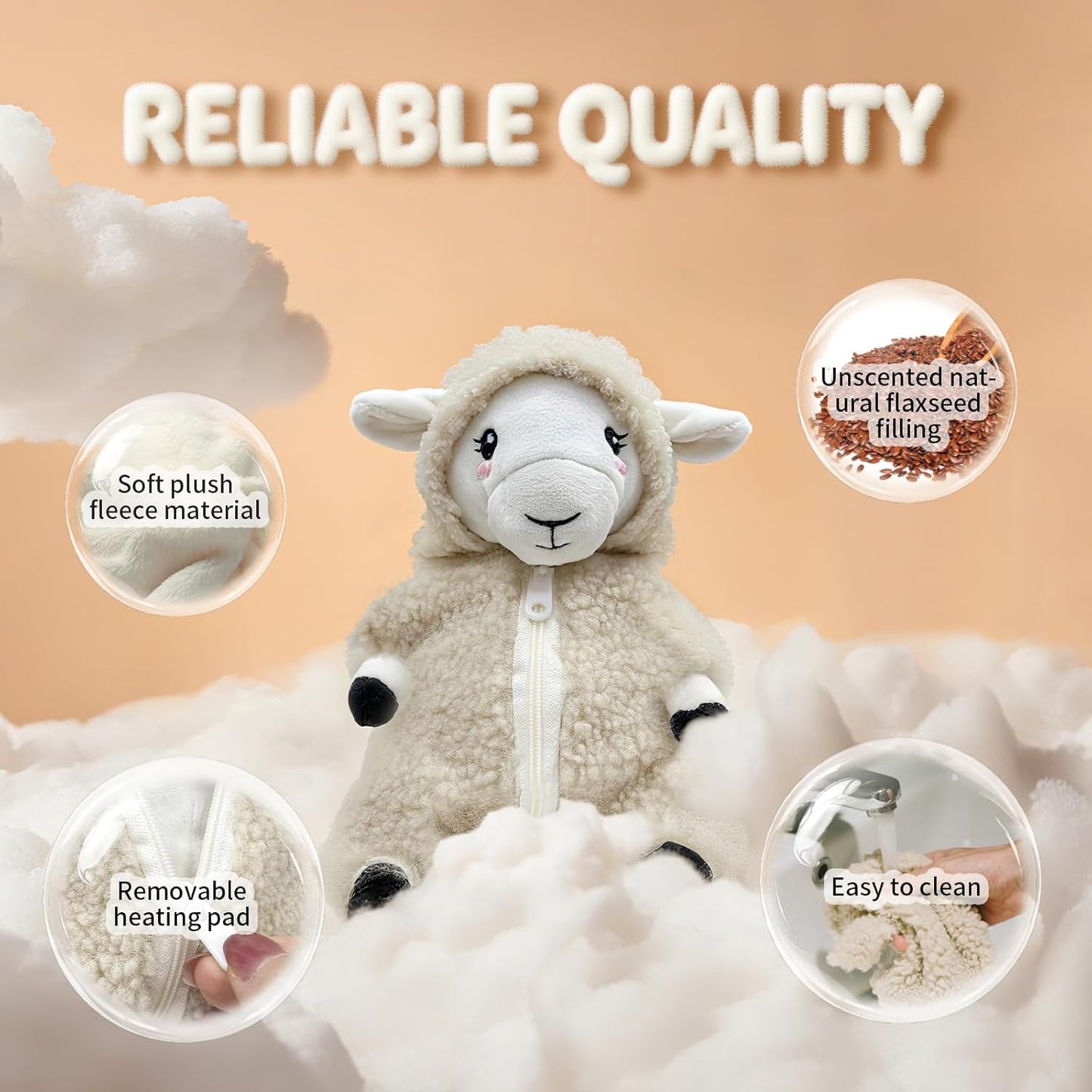 UNCN Weighted Lamb Microwavable Stuffed Animal, Heating Pad for Cramps Abdomen Back Pain Relief, Soft Heatable Plush with Removable and Washable Cover, Portable Gift for Kids & Adults Unscented