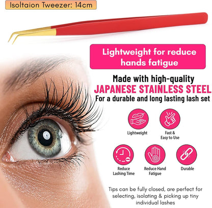 Isolation Tweezers for Eyelash Extension – 14cm Curved, Matte Red with Gold Tip, Stainless Steel, Best for Individual Isolation & Classic Lashes, Pinzas para Pestaña (Matte Red Gold Tip)