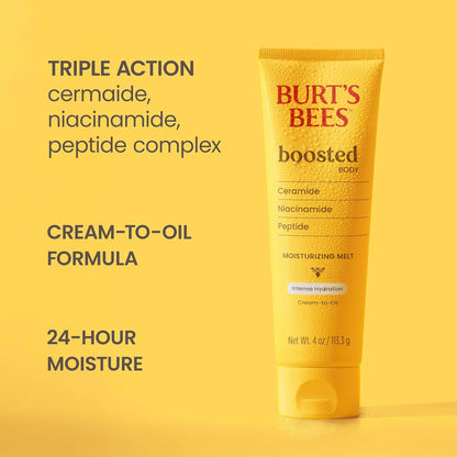 Burt's Bees Boosted Body Moisturizing Melt With a Ceramide, Niacinamide and Peptide Complex, Intense Skin Hydration, Cream-to-Oil Body Lotion Helps Support Skin Barrier, Tropical Scented, 4 oz. Tube