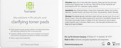Humane Clarifying Toner Pads for Face - 2% BHA Liquid Salicylic Acid - Pore Minimizer and Facial Exfoliator - Gentle for All Skin Types - Removes Excess Oil, Dead Skin Cells, and Grime - 4 Ounce