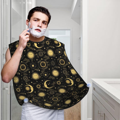 Beard Hair Catcher for Men, Waterproof Shaving Bib Apron Non-Stick, Trimming Tool for Dad Husband, Mystical Magical Cosmic Astrology Sun Crescent Moon Stars Gold Black Art Shave Bib