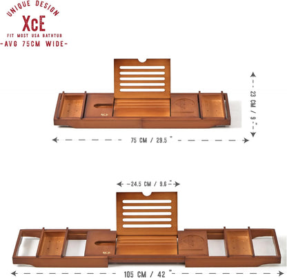 XcE Bathtub Caddy Tray Expandable to 105cm with Bamboo Book Stand and Soap Tray, Brown