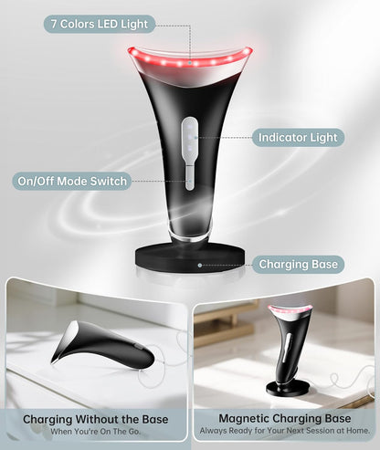 7 Color Light Therapy Facial Massager with Adjustable Vibration and Thermals for Wrinkles, Double Chin, Red Light Skin Care Tool with Base, Black