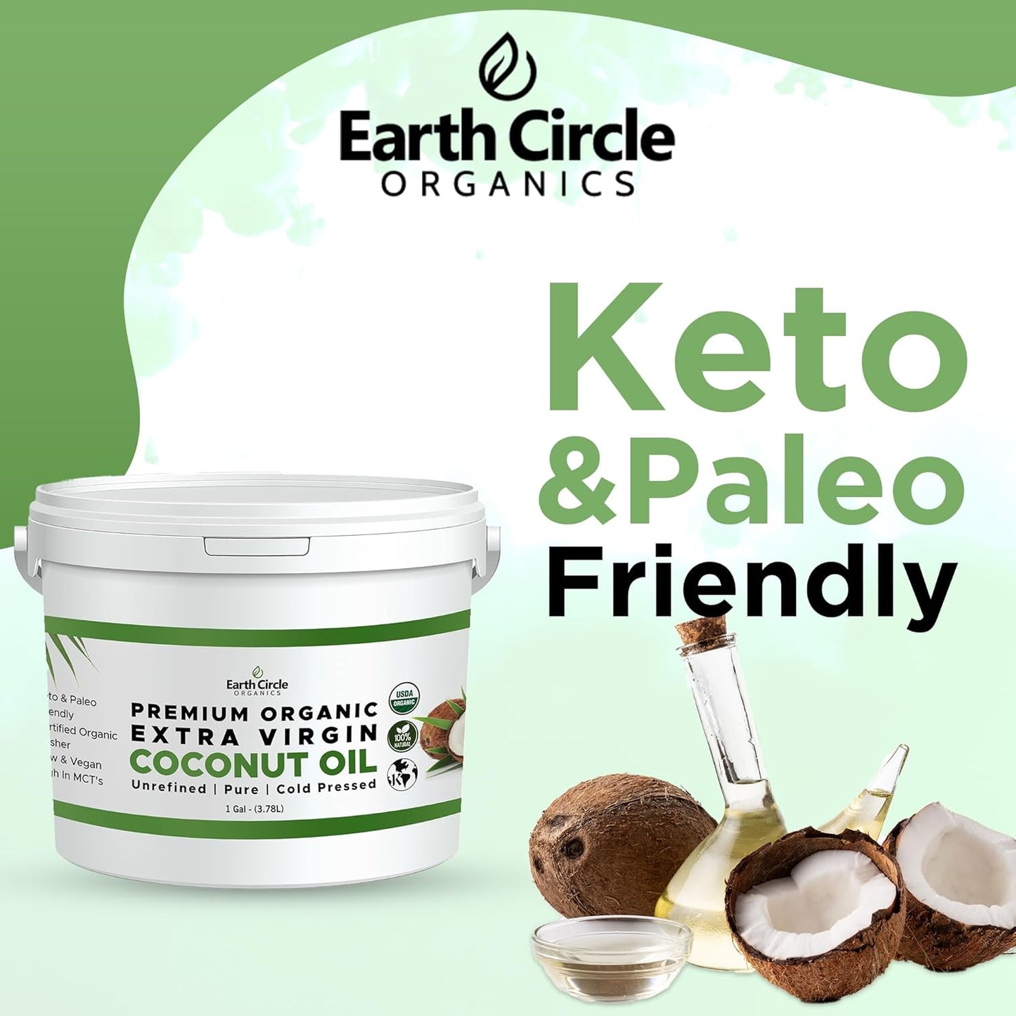 Earth Circle Organics Premium Ultra-Pure Unrefined Cold Pressed Extra Virgin Coconut Oil - Gluten-Free, Keto & Paleo Friendly - Raw Coconut Oil for Skin & Hair Care, Cooking, Baking & More - 1 Gallon