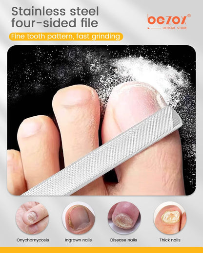 BEZOX Long Metal Nail File, Stainless Steel Fingernail File for Thick and Fungal Nails with Dual-Ended Toenail Lifter – The Ultimate Manicure & Pedicure Tool for Men and Women’s Nail Care - Silver
