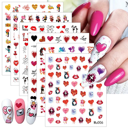6 Sheets Valentine's Day Nail Art Stickers - Self-Adhesive 3D Heart Supplies, Sexy Lips, Romantic Red Love Letter Design Decals for Women Girl DIY Decoration