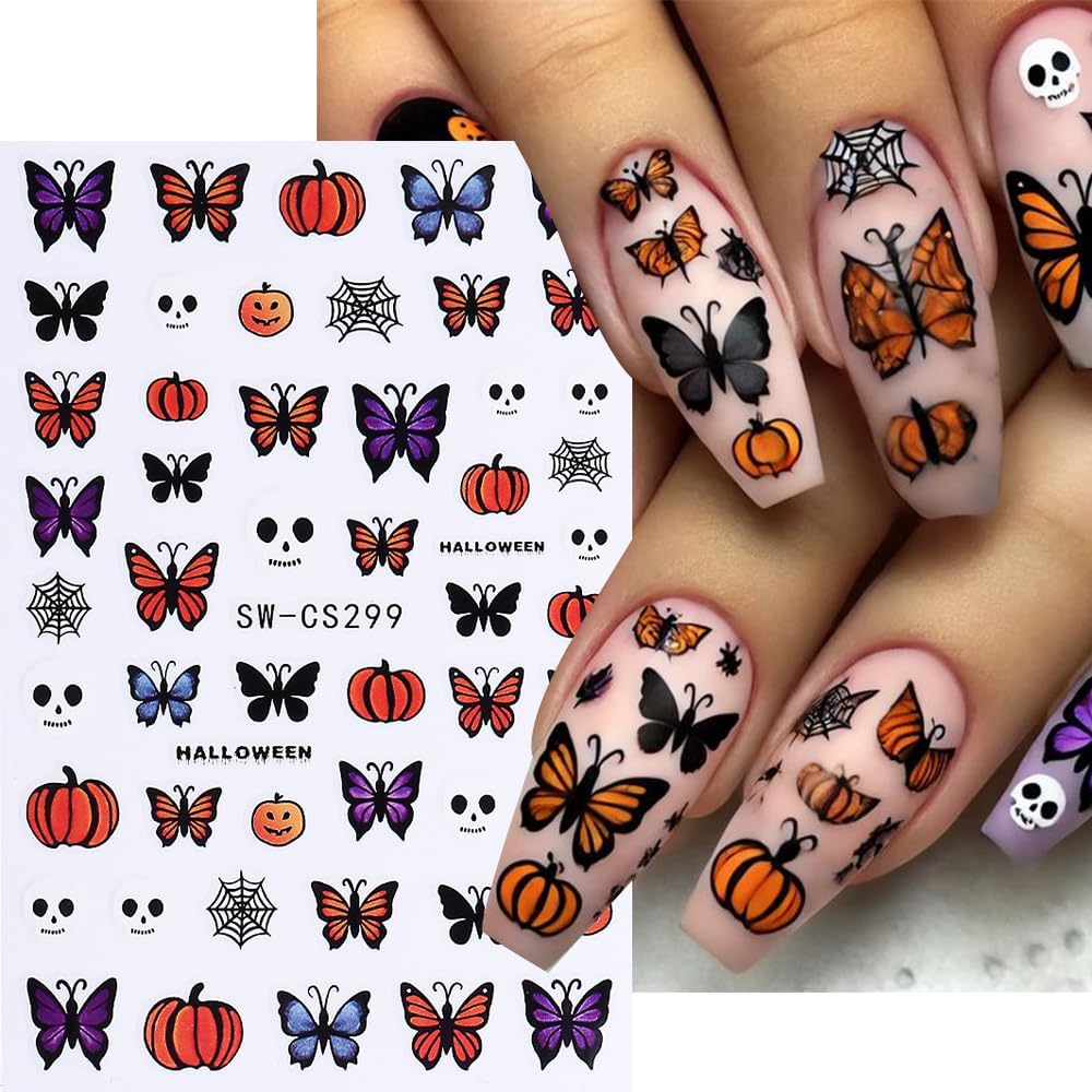 Halloween Nail Art Stickers Ghost Nail Decals 3D Horror Ghost Skull Spider Web Bat Pumpkin Butterfly Self-Adhesive Decals Designs Halloween Nail Supplies for Women Manicure Holiday Decorations 6Sheets