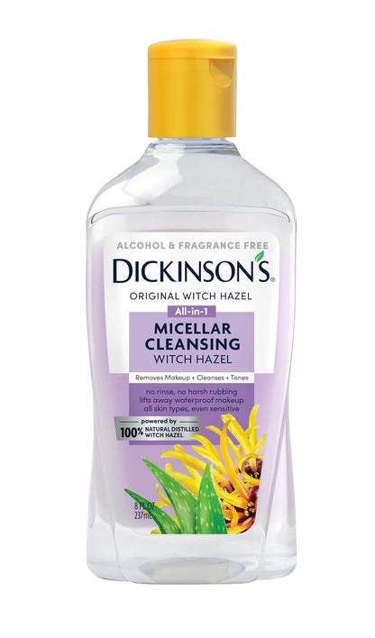 Dickinson's Micellar Cleansing Witch Hazel | 100% Natural Distilled Witch Hazel | Alcohol & Fragrance Free | Makeup Remover, Skin Cleanser, Facial Toner | Removes Dirt, Oil, Makeup | 8 Fl Oz
