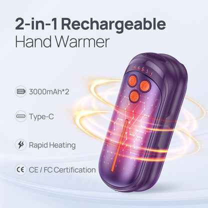 Rechargeable Hand Warmers 2 Pack, 6000mAh Electric Hand Warmer Rechargeable, 2 in 1 Portable Hand Warmers with AI Smart Chips, Outdoor, Hunting, Camping for Family for Christmas