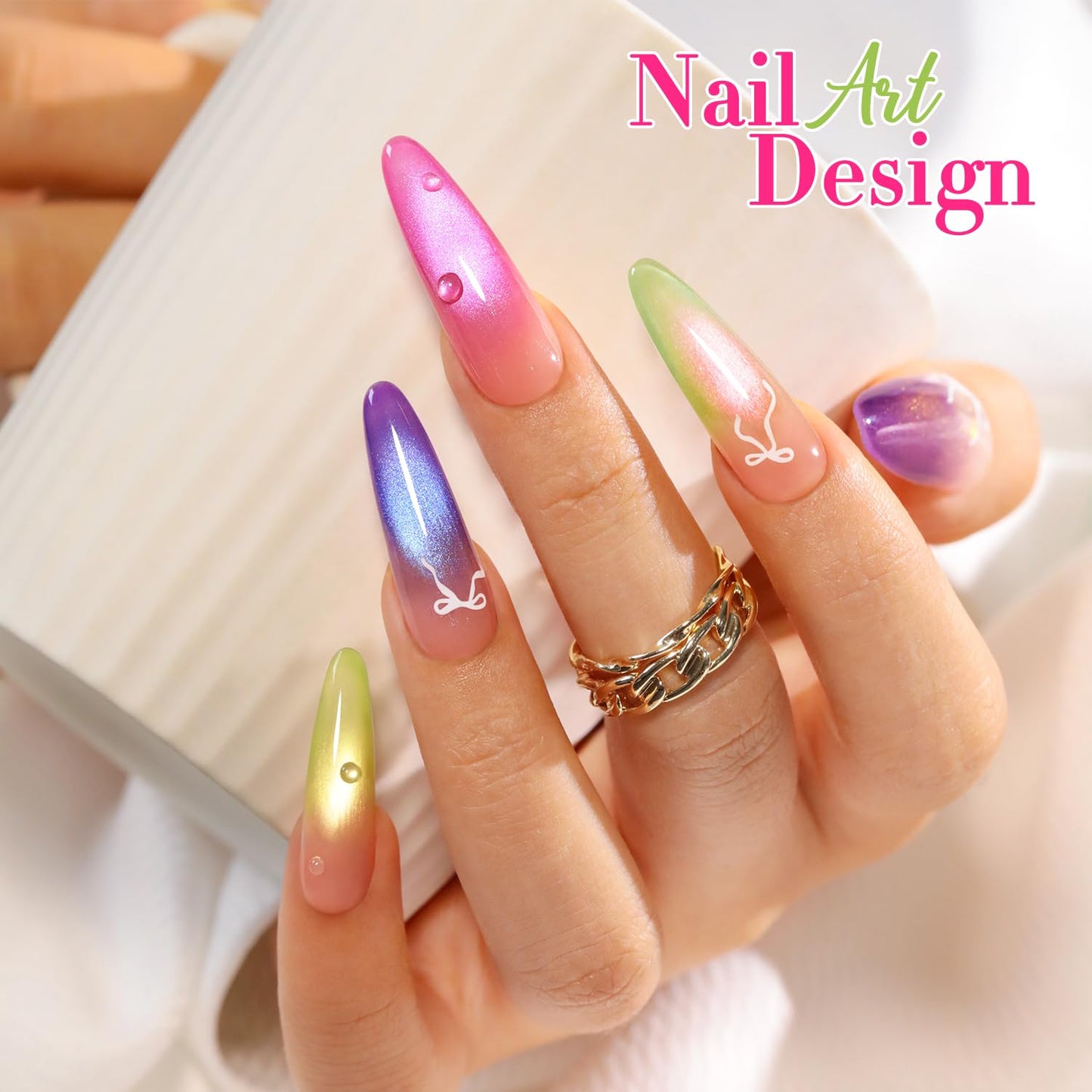 Double Rhythm Fruit Cat Eye Gel Nail Polish Set of 6 Same Color Same Bottle 0.5 Oz Shimmer Glitter with Magnet Holographic Reflective Magnetic UV Polish Kit at Home (Glass Rose Pink Green-T6-48)