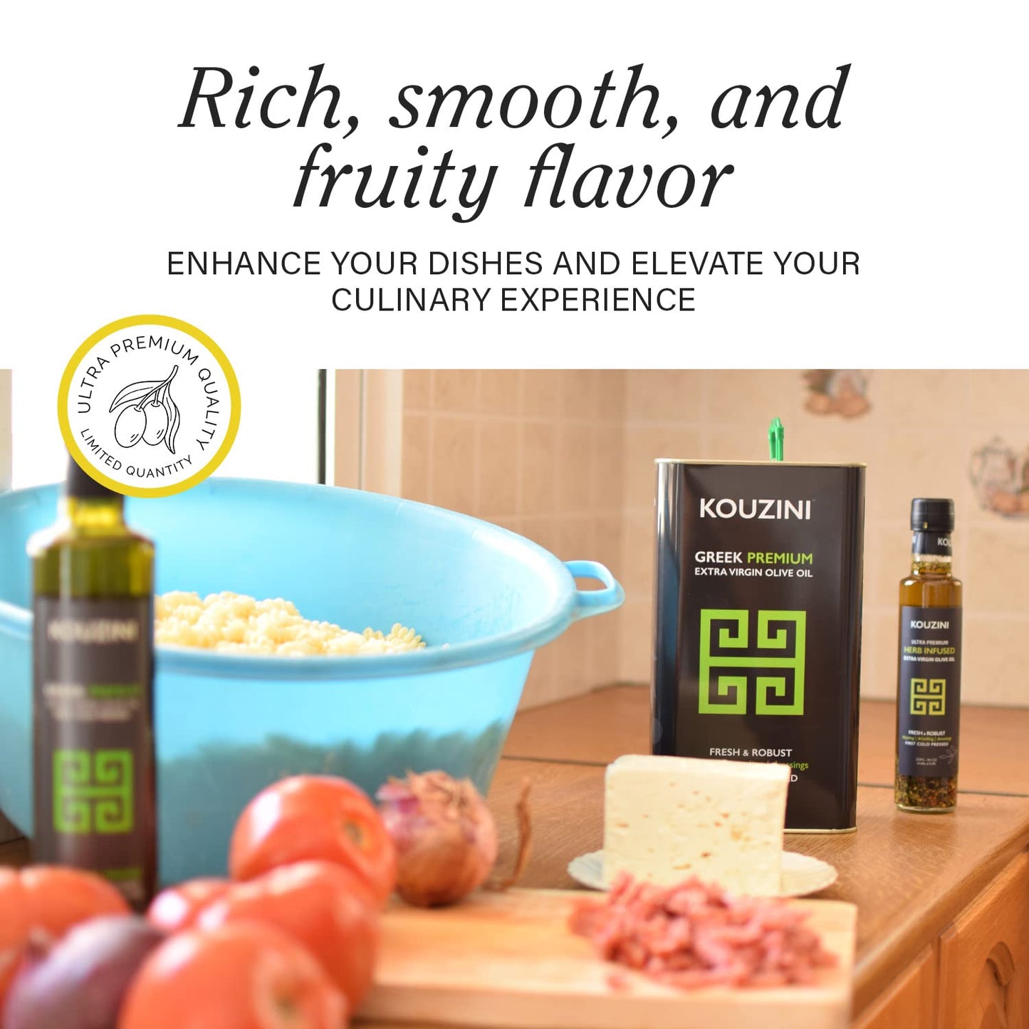 Kouzini Greek Premium Extra Virgin Olive Oil, 3 Liter Tin, Cold Pressed, Single Origin, Rich Flavor & Aroma