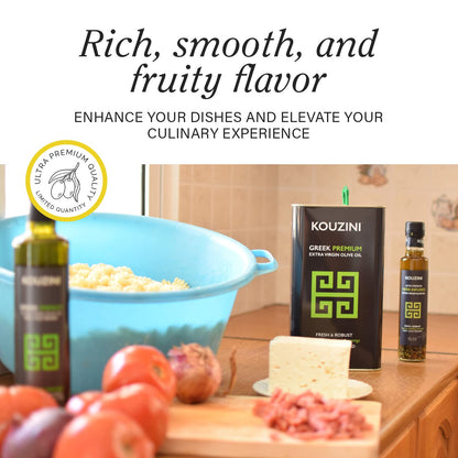 Kouzini Greek Premium Extra Virgin Olive Oil, 3 Liter Tin, Cold Pressed, Single Origin, Rich Flavor & Aroma