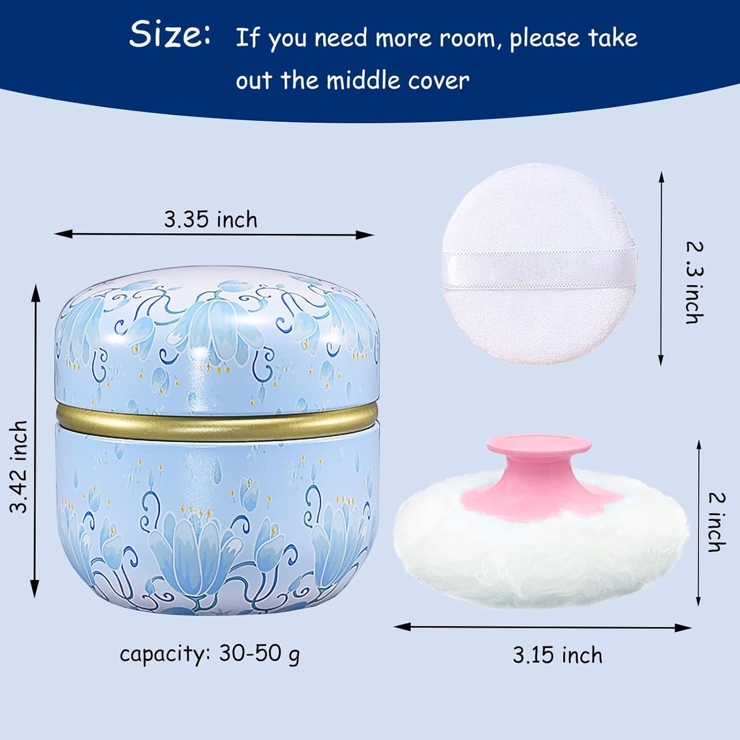 Body Powder Puff and Container for Dusting Powder, Women Powder Puff and Powder Case for Bath and Travel (Light Blue)