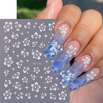 6 Sheets 3D Flowers Nail Art Stickers - Self Adhesive Decals in Gold, Silver & White/Blue/Pink for DIY Manicure