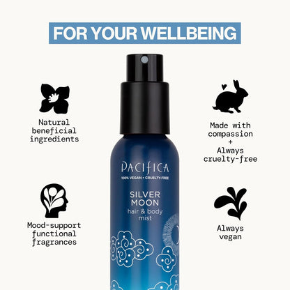 Pacifica Silver Moon Hair Mist Perfume & Full Body Spray for Women - Body Mist Fragrance w/BTonka, Santal, Cardamom, Vanilla Bean, Musk & Amber – Clean Beauty Alcohol-Free, Vegan & Cruelty-Free, 5 oz