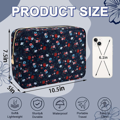 Waterproof Large Floral Makeup Pouch,Nylon Travel Toiletry Storage Purse Preppy Cosmetic Bag for Women Girl,Large Capacity Makeup Organizer Zipper Pouch for Work(L Black-Flowers)