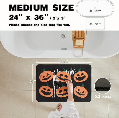 Halloween Bath Mat, Thin Halloween Bathroom Rug Non-Slip Quick Dry Pumpkin Bath Mat Fits Under Door Thin Floor Mat Halloween Decor, 17’’x30‘’, Pumpkins Black