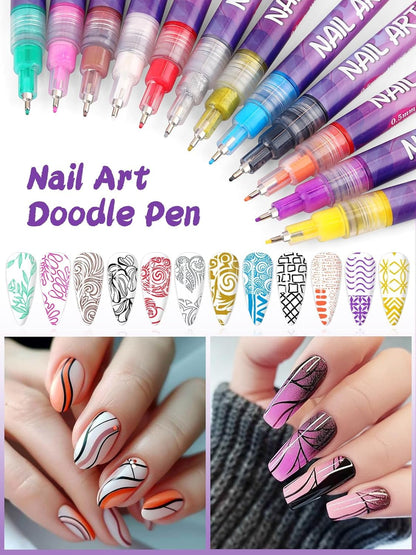 Kalolary 12 Color Nail Art Pens Set, Nail Art Markers Polish Pens Nail Point Graffiti Dotting Pen Drawing Painting Liner Brush for DIY Nail Art Beauty Adorn Manicure Tools