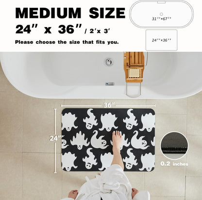 Halloween Bath Mat, Thin Halloween Bathroom Rug Non Slip Quick Dry Ghost Bath Mat Fits Under Door Thin Floor Mat Halloween Decor, 24''x36'', Spooky Ghosts Black