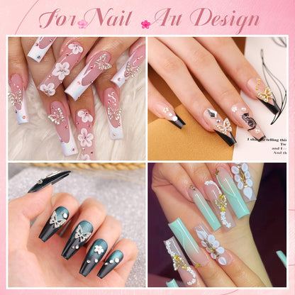 3D Nail Charms and Gems Set 4 with Rhinestone Glue, 20PCS Gold and Silver Chunky Butterfly Nail Charms, 3D Flowers for Nails, Crystal and Pearls + Metal Caviar Beads + Picker Tool for Y2K Nail Decor