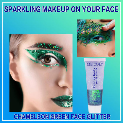 MEICOLY Chameleon Green Face Body Glitter,St Patricks Day Accessories,Color Changing Mermaid Face Glitter,Chunky Glitter Face Paint for Face Body Hair,Festival Rave Outfits Accessories for Women