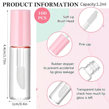 100 Pcs 1.2 ml Mini Lip Gloss Tubes Empty Lipgloss Tubes with Wand Clear Refillable Lip Balm Gloss Containers Lips Glosss Bottles for DIY Lipstick Samples Lips Balms Lipgloss Making(Pink)