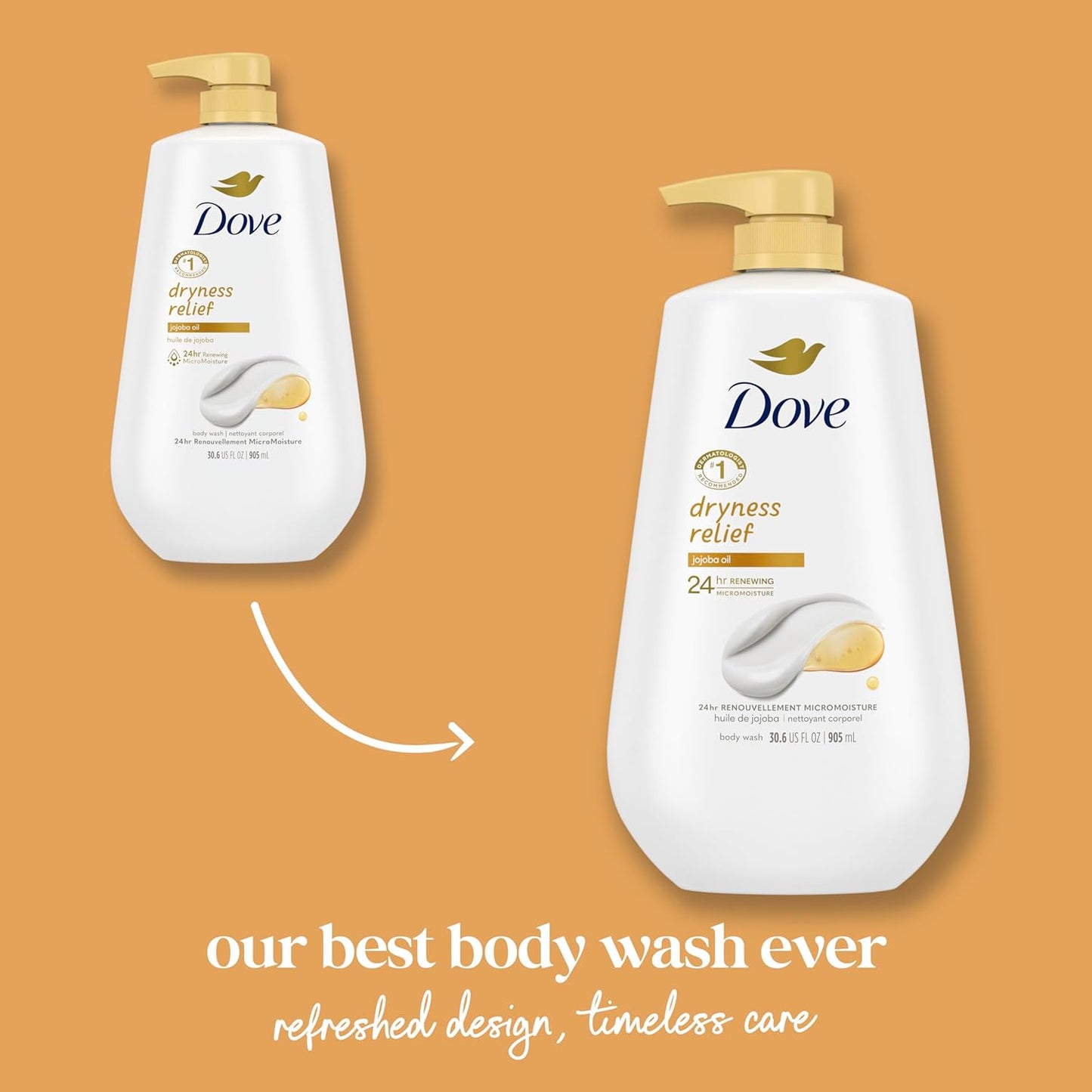 Dove Body Wash with Pump Dryness Relief with Jojoba Oil For 24hr Lotion-Soft Skin Moisturizing Skin Cleanser with No Sulfates No Parabens 30.6 oz