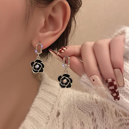 Vintage Black Crystal Flower Drop Earrings Black Flower Earrings Pearl Camellia Earrings Black Camellia Stud Earrings Jewelry for Women