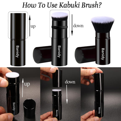 Makeup Brush Kabuki Face Brushes Retractable Travel Blush Brush Portable Flawless for Foundation, Powder Blush, Bronzer, Buffing, Liquid, Cream, Cruelty Free with Cover(Flat-Head)