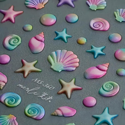 2 Sheets Starfish Nail Stickers - 5D Embossed Self-Adhesive Decals for Summer Nail Art - Colorful Beach Shell Design Supplies Decoration for Women and Girls