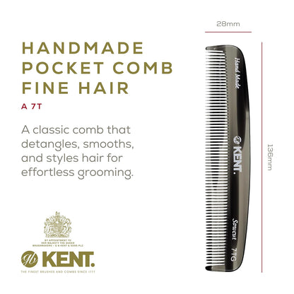Kent 7T G All Fine Tooth Pocket Comb - Handmade Hair Grooming and Styling Comb for Travel, Mustache, Beard - Saw Cut and Hand Polished for Wet or Dry Use with Balms