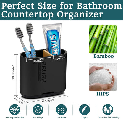 Toothbrush and Toothpaste Holder with Bamboo Divider for Bathroom Countertop Organizer, Detachable for Easy Clean, 2 Slots Electric Toothbrush Holders Storage Caddy Drainage for Family-Black