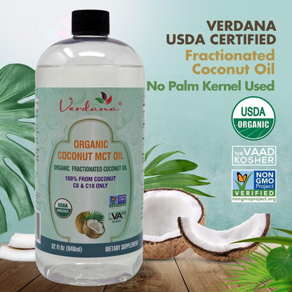 Verdana Organic MCT Oil – 32 Fl Oz Dietary Supplement – 100% Coconut Derived, Fractionated, Food Grade – For Oil Pulling, Keto Coffee, Oral Rinse, Massage & Aromatherapy – Vegan, Non-GMO, Kosher