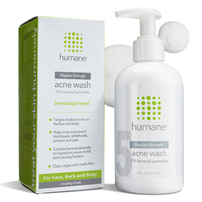 humane Benzoyl Peroxide Acne Face Wash - 5% Regular-Strength Acne Treatment for Face, Skin, Back and Body - 8 Fl Oz - Dermatologist-Tested Non-Foaming Cleanser - Vegan, Cruelty-Free