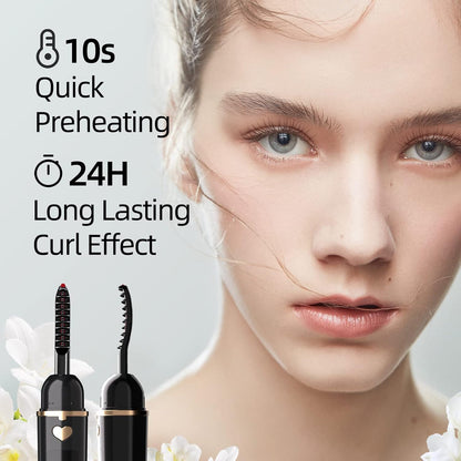 Heated Eyelash Curler, Heated Lash Curler, Portable USB C Rechargeable Eyelash Curler 24H Long Lasting Intelligent Power Off Electric Eyelash Curler with Eyelash Comb for Makeup - Black