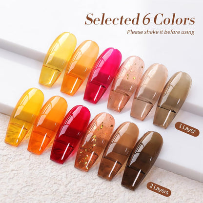 Born Pretty Jelly Gel Nail Polish 6 Colors Fall Winter Translucent Clear Pumpkin Burgundy Wine Red Coral Burnt Orange Grey Amber Brown Gel Polish Sheer Crystal Transparent Halloween Gel Polish Set