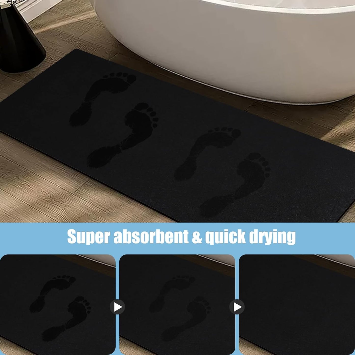 Diatomaceous Earth Bath mat Bathroom Rugs Super Absorbent Quick Dry Non Slip Bath Mat Thin Bathroom Floor Mats Fit Under Door-Shower Rug for in Front of Bathtub Shower, Black, 23.6"x47.2"