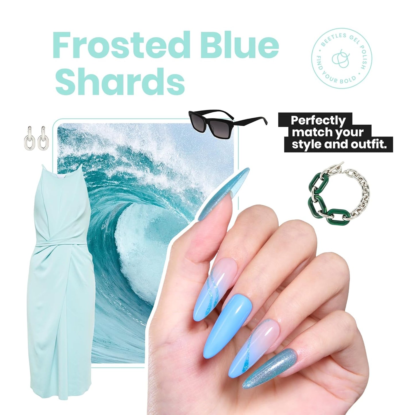 Beetles Blue Glitter Nail Polish - 1Pcs 15ml Fast Drying & Long Lasting Sparkly Nail Polish Frosted Light Blue Shards Nail Lacquer Finish Nail Art Design for Women